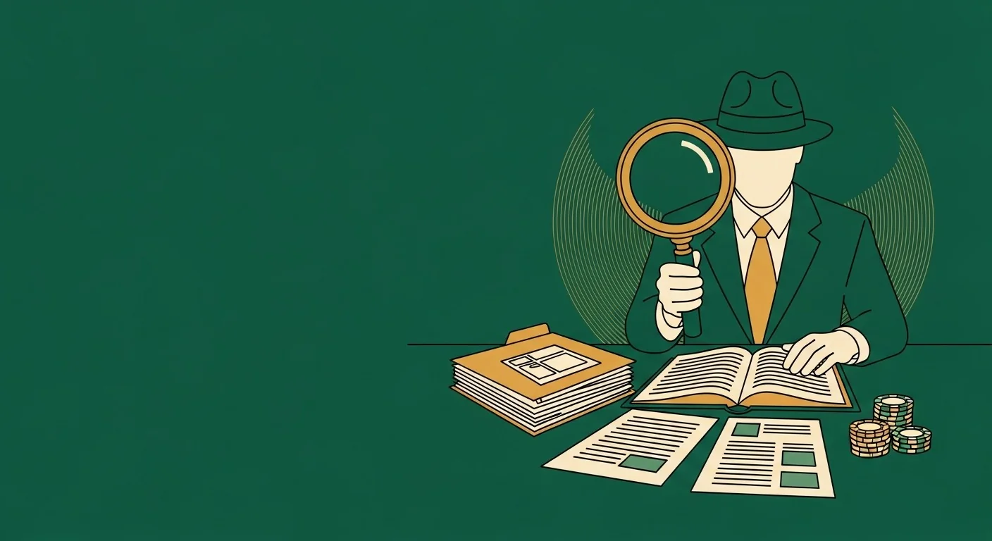 CasinoAgent operative reviewing casino dossier files and reports with a magnifying glass