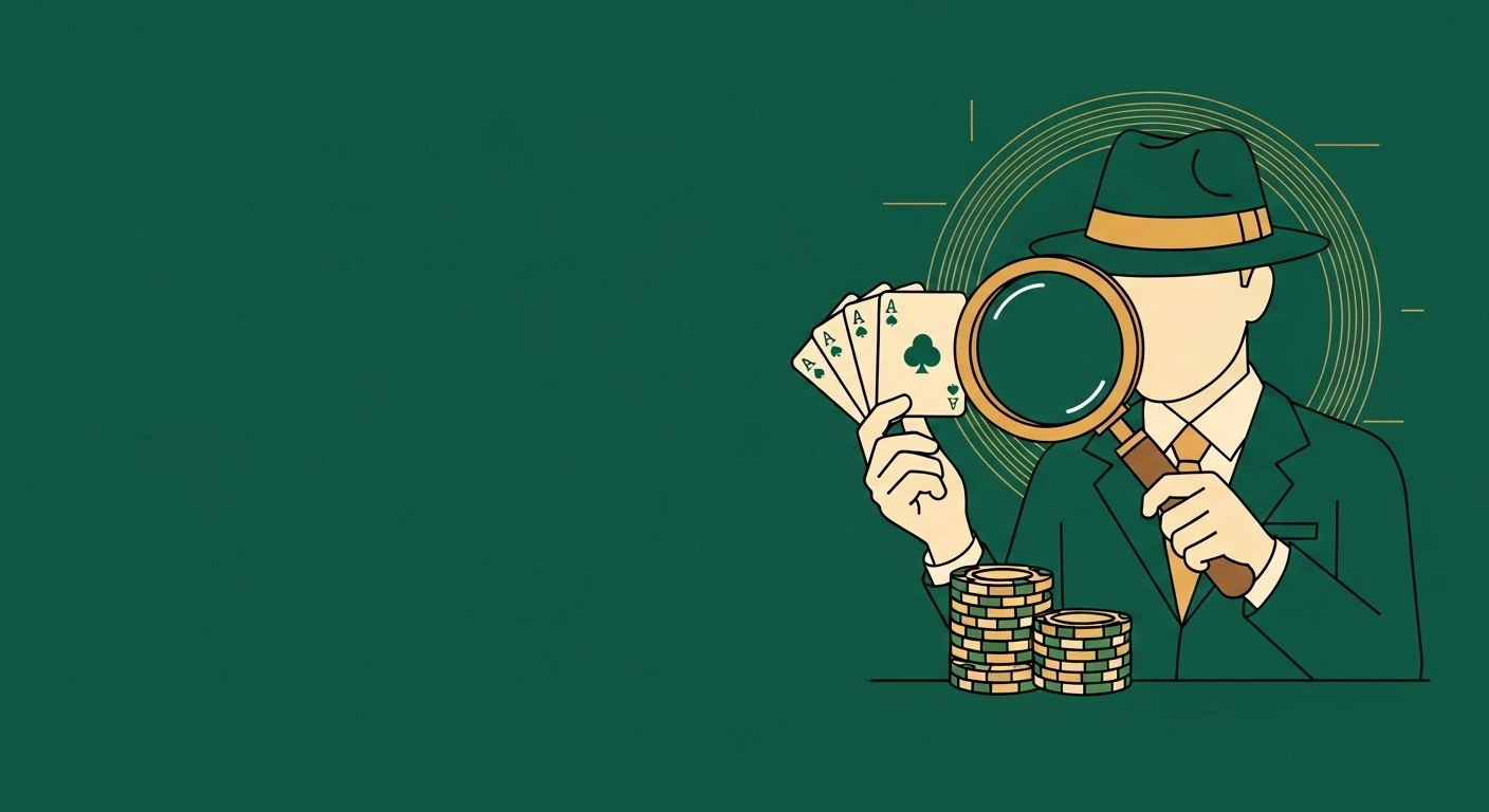 CasinoAgent operative inspecting cards and chips with a magnifying glass