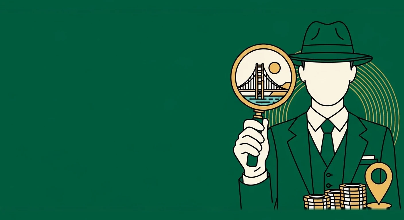 CasinoAgent operative inspecting a California landmark, location pin and chips through a magnifying glass