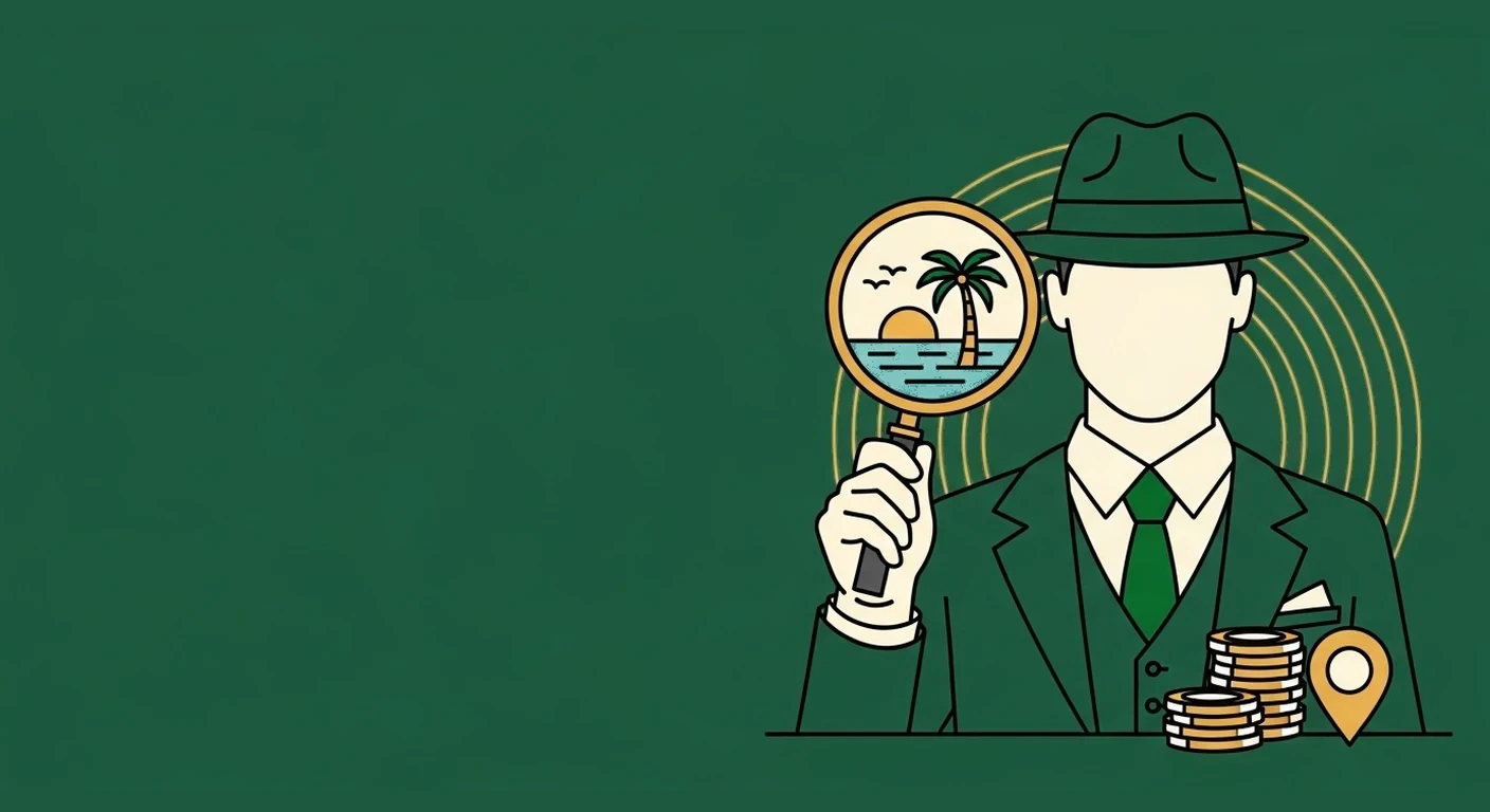 CasinoAgent operative inspecting a Florida landmark, location pin and chips through a magnifying glass