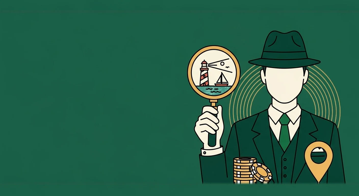 CasinoAgent operative inspecting a Massachusetts landmark, location pin and chips through a magnifying glass