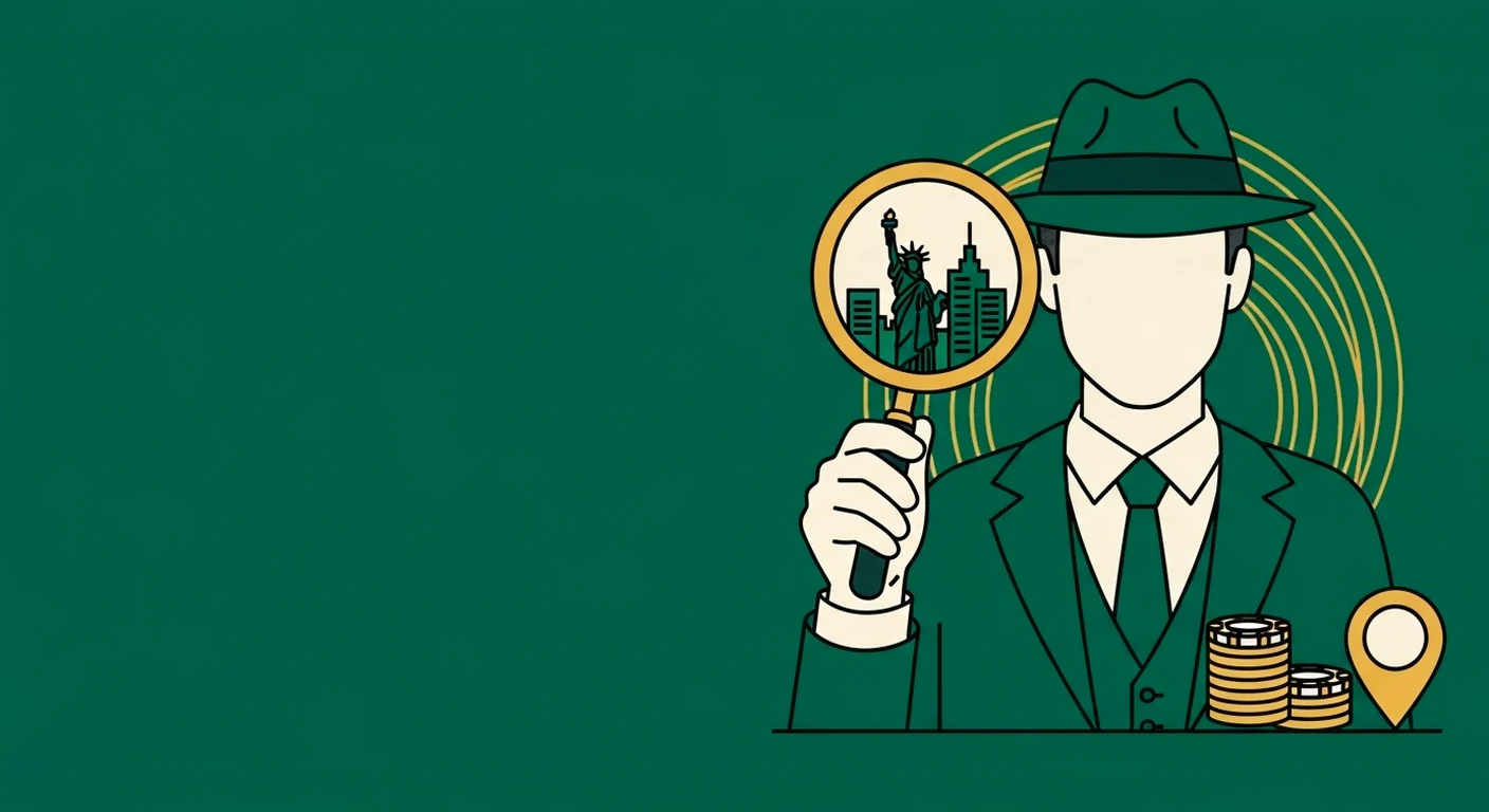 CasinoAgent operative inspecting a New York landmark, location pin and chips through a magnifying glass
