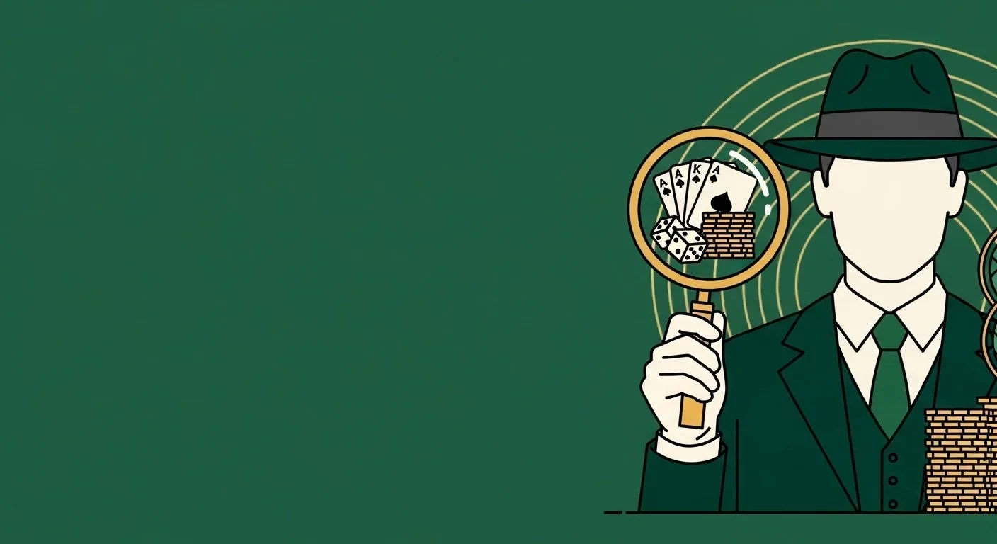 CasinoAgent operative inspecting playing cards, dice and casino chips through a magnifying glass