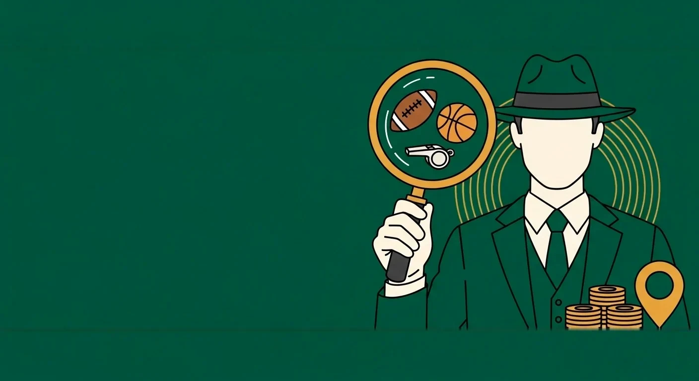 CasinoAgent operative inspecting a football, basketball and referee whistle through a magnifying glass