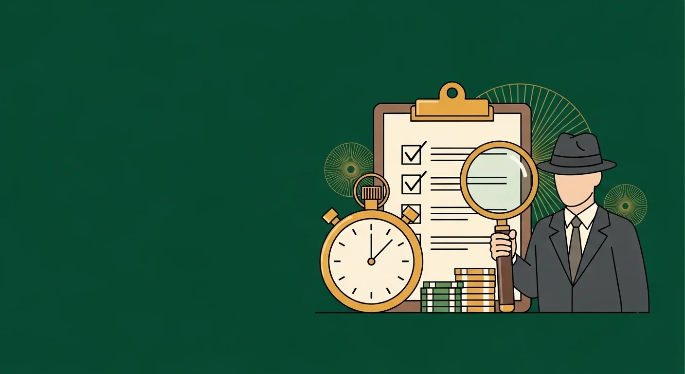 CasinoAgent operative timing a payout with a stopwatch and checking a review checklist