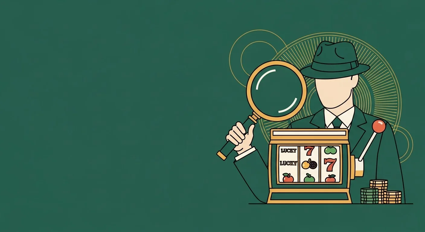CasinoAgent operative inspecting a slot machine and chips with a magnifying glass