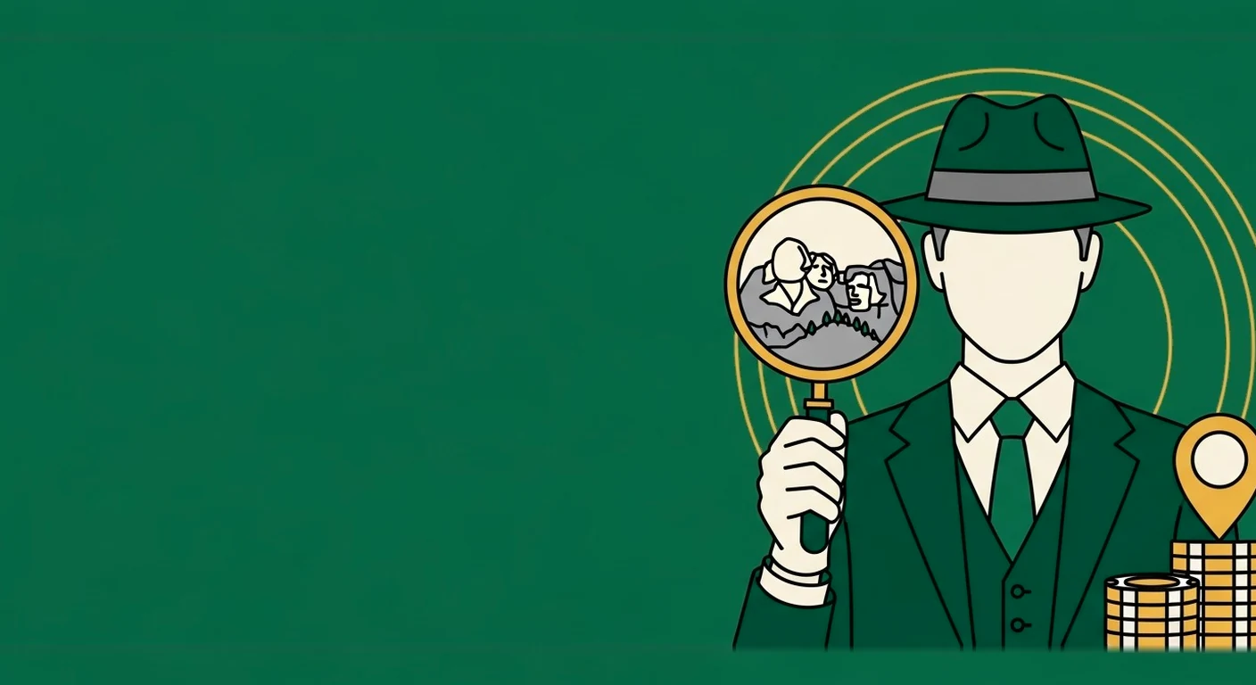 CasinoAgent operative inspecting a South Dakota landmark, location pin and chips through a magnifying glass