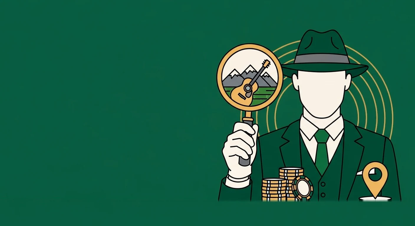CasinoAgent operative inspecting a Tennessee landmark, location pin and chips through a magnifying glass